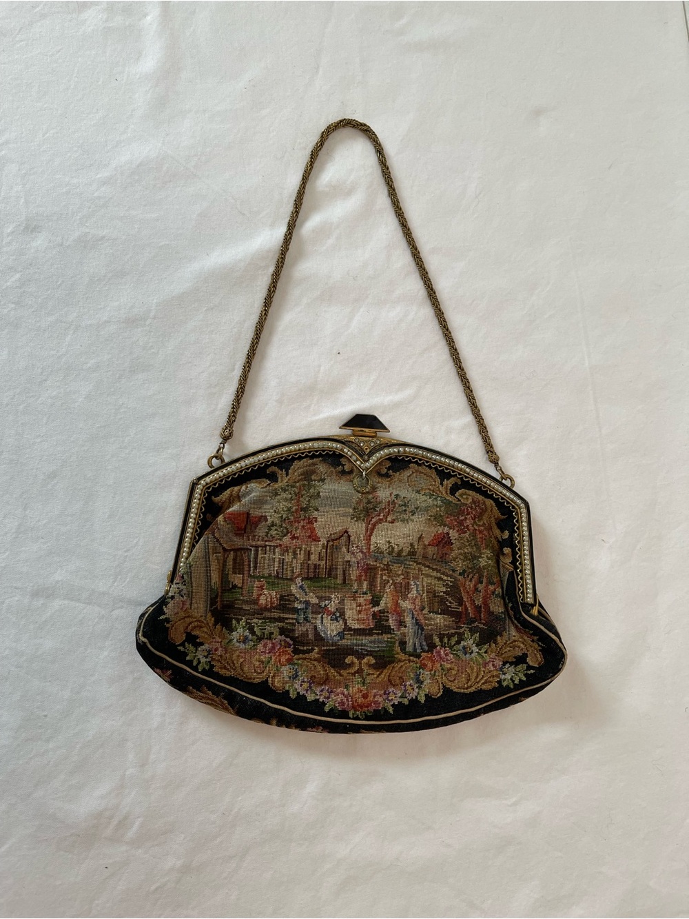 Vintage Black Tapestry Evening Bag with Scenic Embroidery